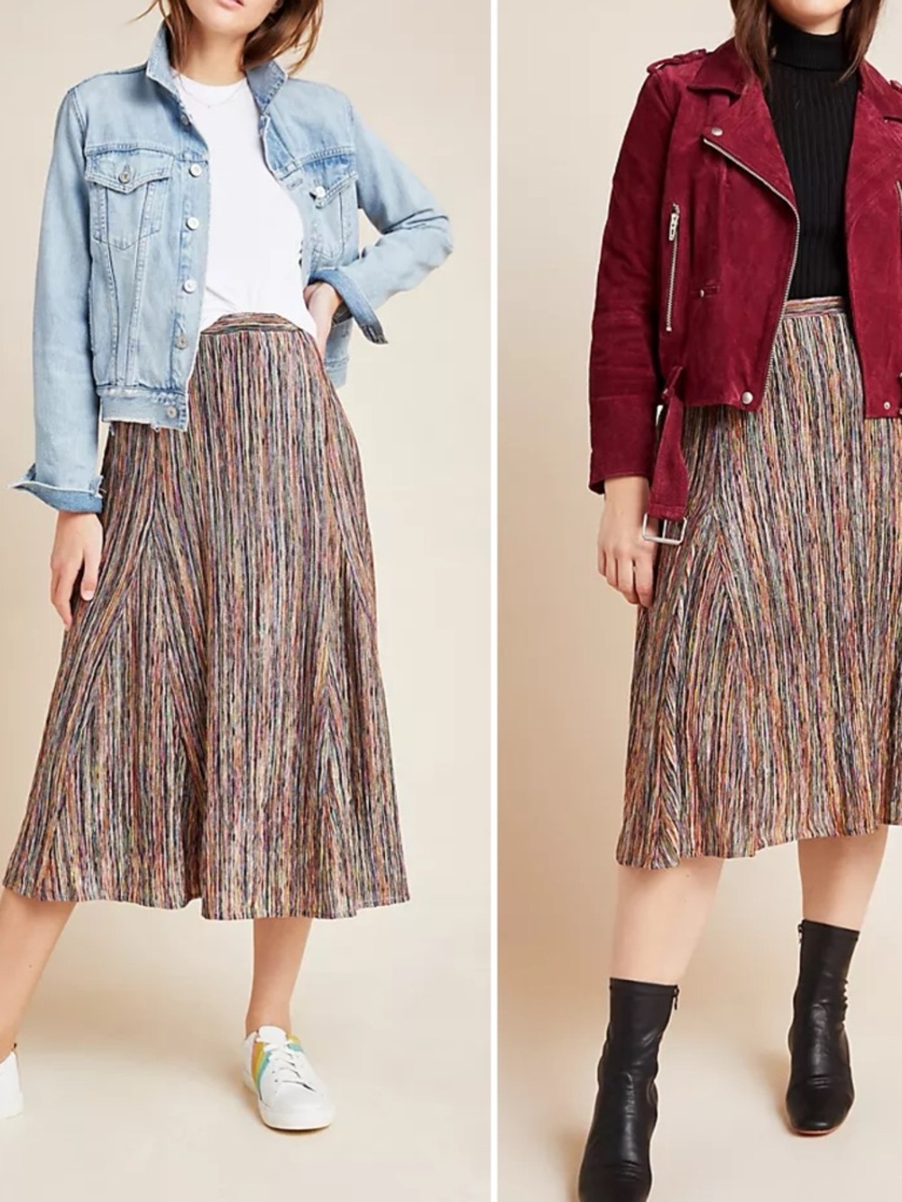 Anthropologie Multistripe Pleated Midi Skirt in Neutral & Jewel Tones